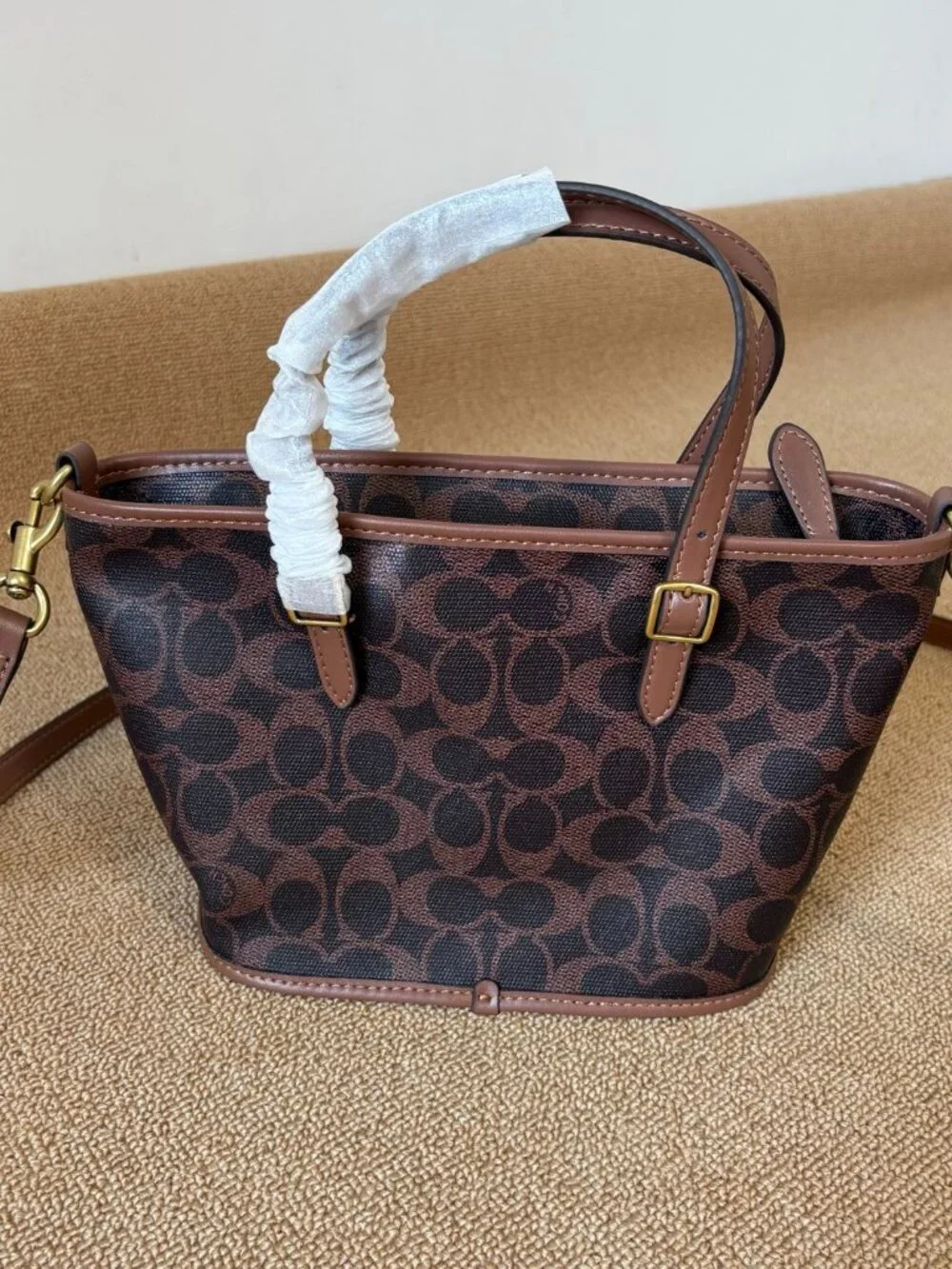 🤎Coach Brown Signature Mini Bucket Tote Adjustable Handle Crossbody Purse